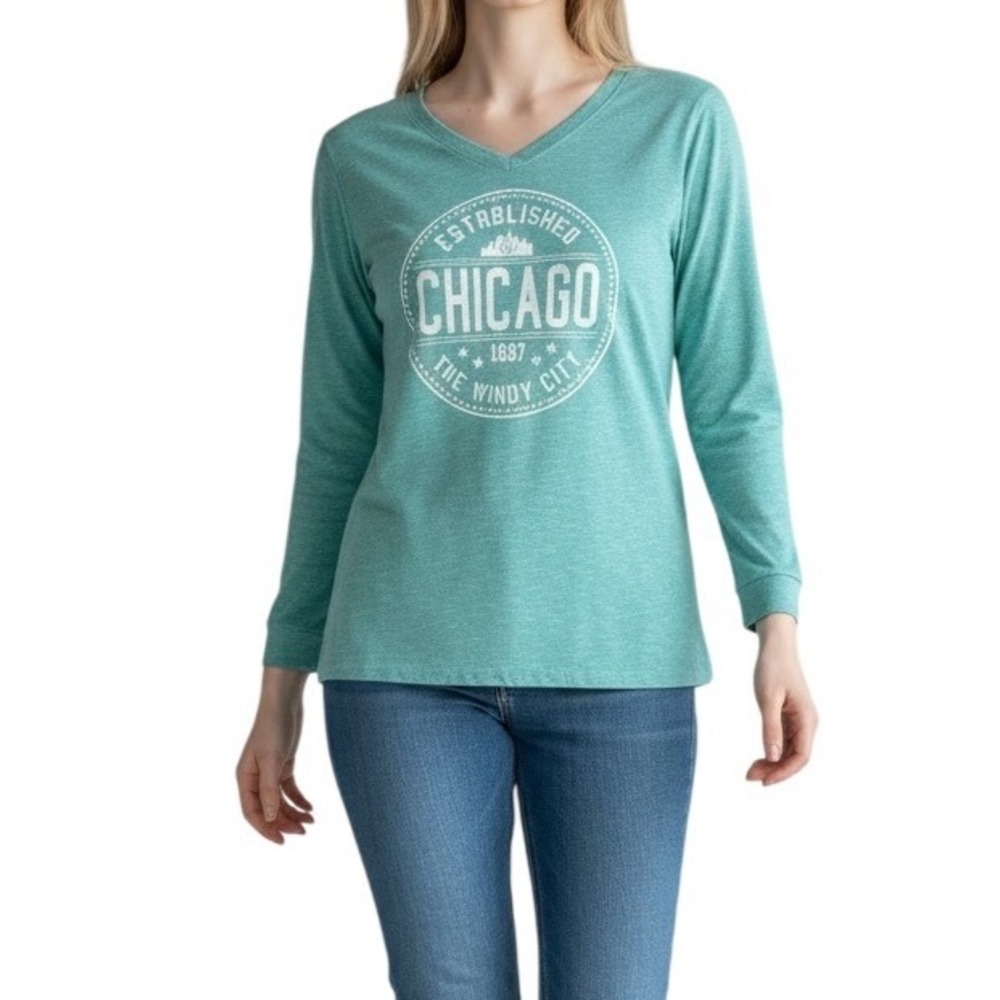 Chicago Windy City Graphic Long Sleeve V-Neck Tee Teal Heathered Women‎ Large